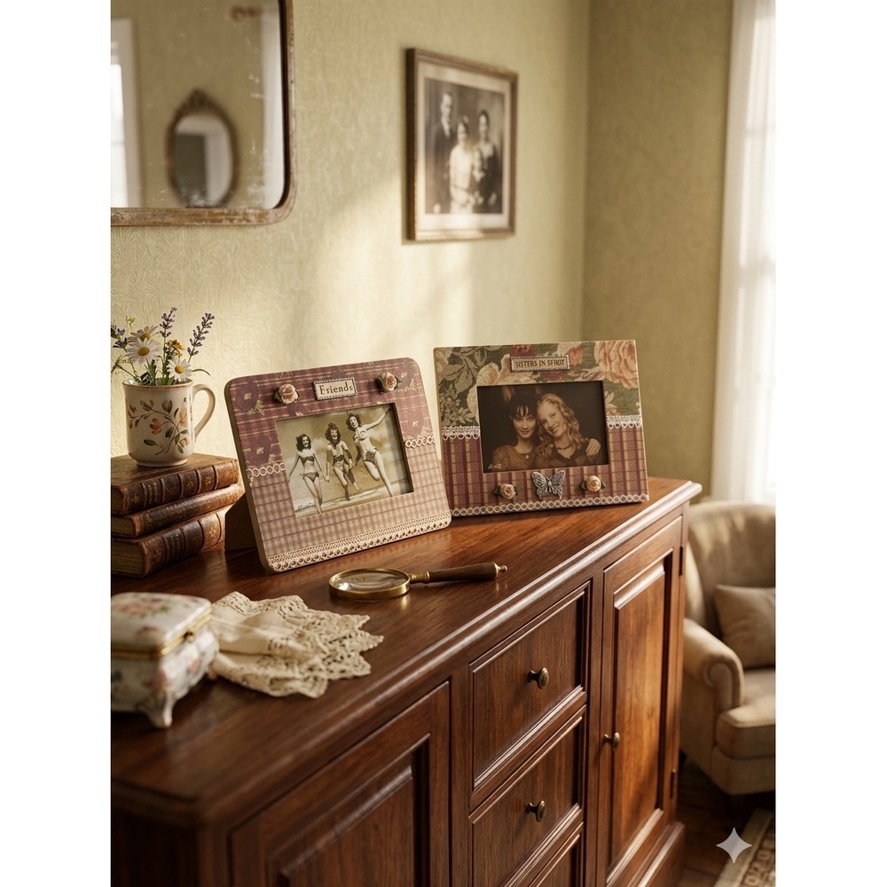 Vintage Style Friends & Sisters in Spirit 4x6 Picture Frame Set Plaid Floral